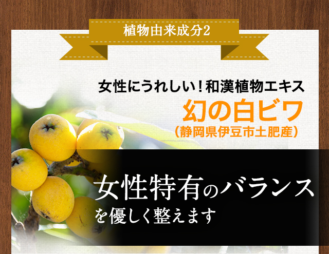 植物由来成分2　女性のバランスを優しく整える和漢幻の白ビワ（静岡県伊豆市土肥産）女性特有のバランスへ働きかけ、頭皮をエイジングケア※