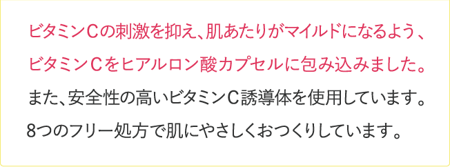 ビタミンＣの刺激を抑え、肌あたりがマイルドになるよう、ビタミンＣをヒアルロン酸カプセルに包み込みました…
