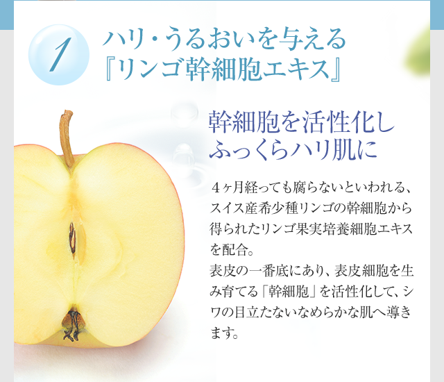 1.ハリ・うるおいを与える「リンゴ幹細胞エキス」